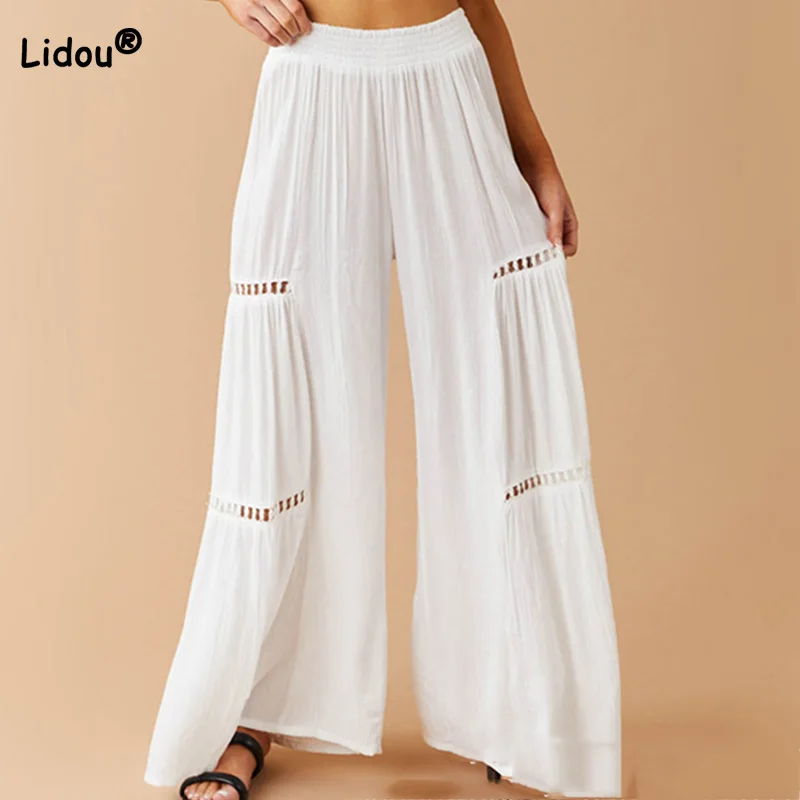 Top Trends: Spring Autumn Lady White Versatile Elastic High Waist Mopping The Floor Trousers Casual Hollow Out Loose Crumpled Wide Leg Pants Shoppable Styles