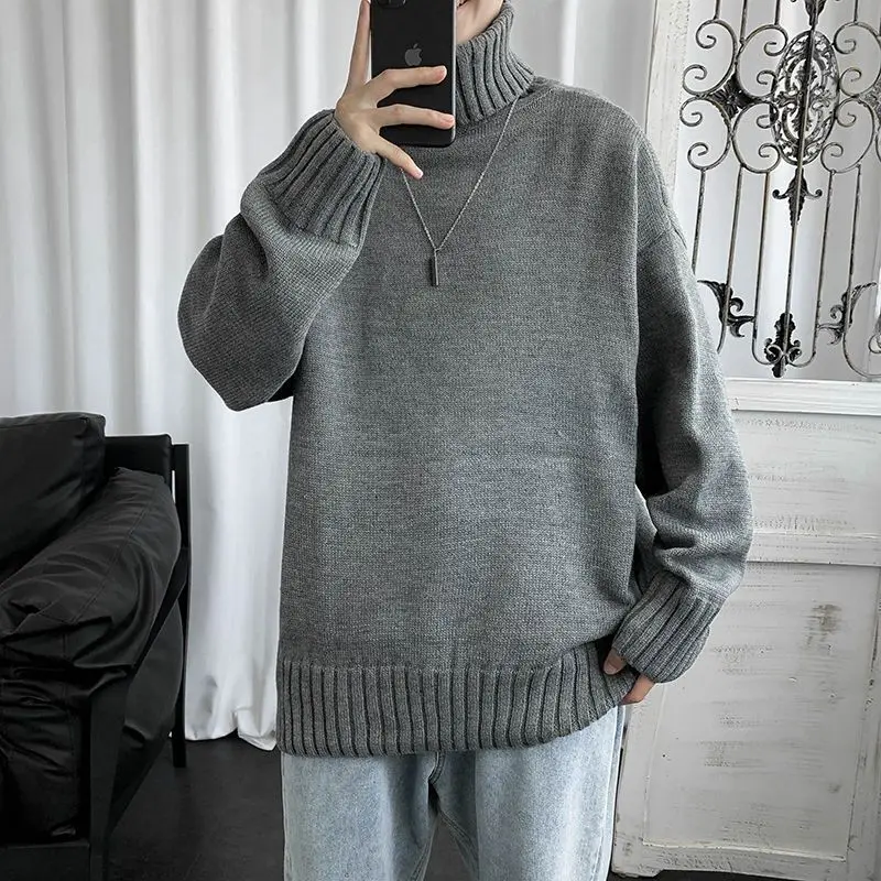 Top Trends: Winter Korean Solid High Neck Sweater Men's Patchwork Screw Thread Student Fashion Loose Versatile Warm Long Sleeved Knitted Top Shoppable Styles