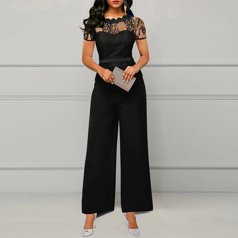 Top Trends: Sexy Lace Patchwork Hollow Palazzo Jumpsuits Women Elegant Short Sleeve Wide Leg Rompers Office Lady Business Workwear Outfits Shoppable Styles