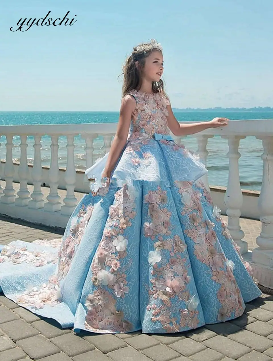 Top Trends: Princess Sky Blue Flower Girl Dresses For Wedding 2023 Appliques Sweep Train Pageant Birthday Party Kids First Communion Gowns Shoppable Styles