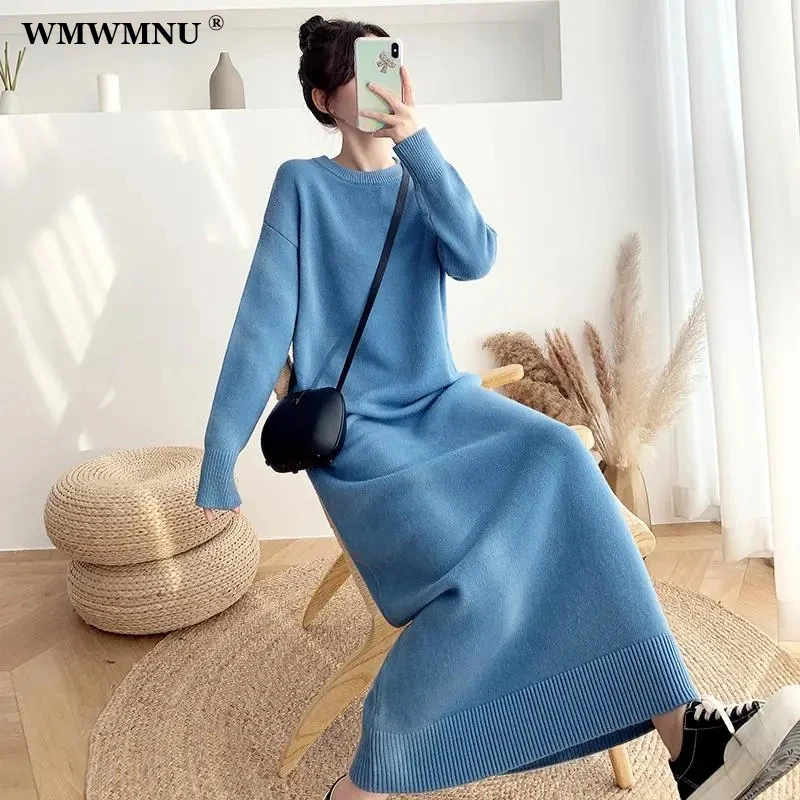 Top Trends: Thick Long Sleeve Knitted Dress Women Korean Fashion Maxi Vestidos Loose Plus Size 80kg Robes Casual Straight Sweater Dresses Shoppable Styles