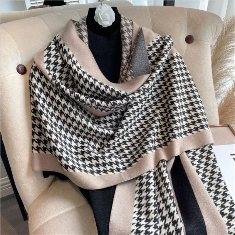 Top Trends: Thick Warm Winter Scarf Houndstooth Design Print Women Cashmere Pashmina Shawl Lady Wrap Scarves Knitted Female Foulard Blanket Shoppable Styles