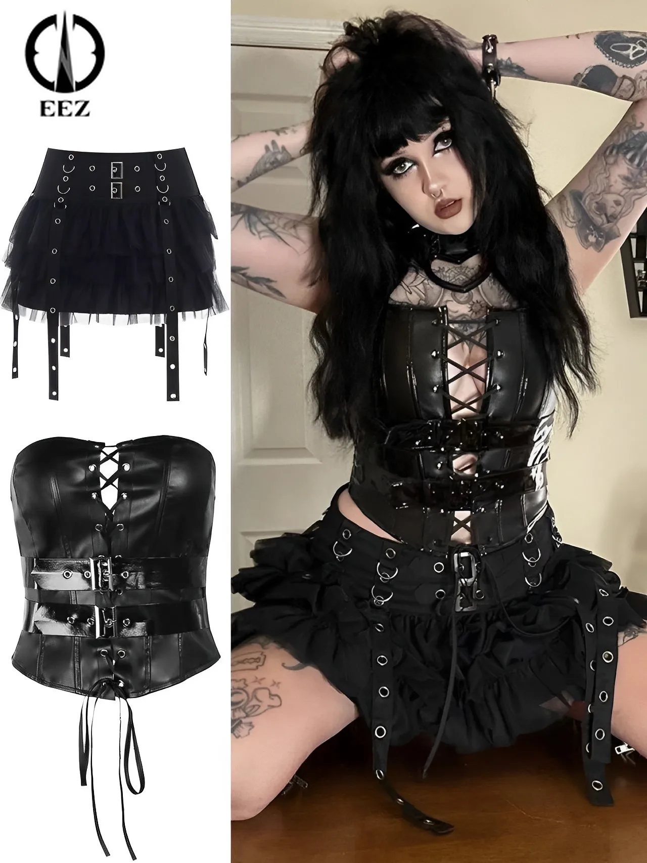 Top Trends: Black Sexy Pleated Mini Skirt With Chain Women Punk High Waisted Goth Skirt E Girl Lace-Up Tie PU Leather Corset Y2K Crop Tops Shoppable Styles