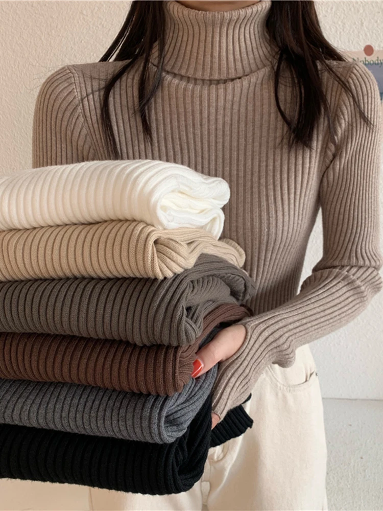 Top Trends: 2024 Winter Knitted Turtleneck Sweater Basic Rib Fall Casual Slim Pullover Womens Elasticity Jumper Pull Femme With Thumb Hole Shoppable Styles