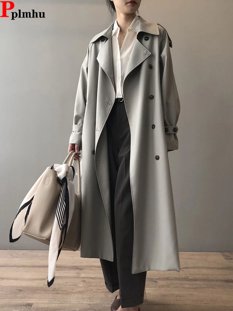 Top Trends: Classic Grey Long Belt Trench Coats Women Korean Double Breasted Gabardina Jackets Streetwear Windbreaker Abrigos Spring Casacos Shoppable Styles