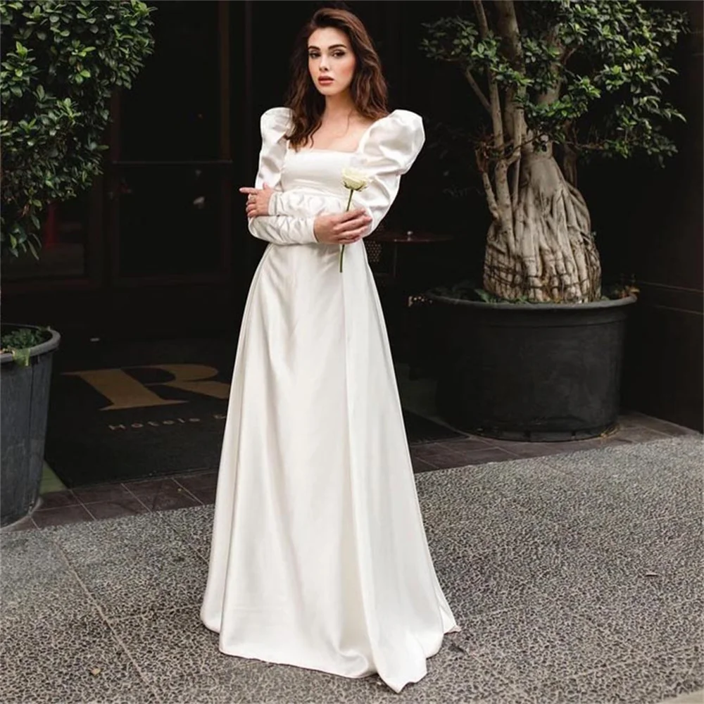 Top Trends: Vintage Square Neck Wedding Dress Women Satin A Line Bridal Gowns Calssic Full Sleeve Bride Dresses Custom Vestido De Novia Shoppable Styles