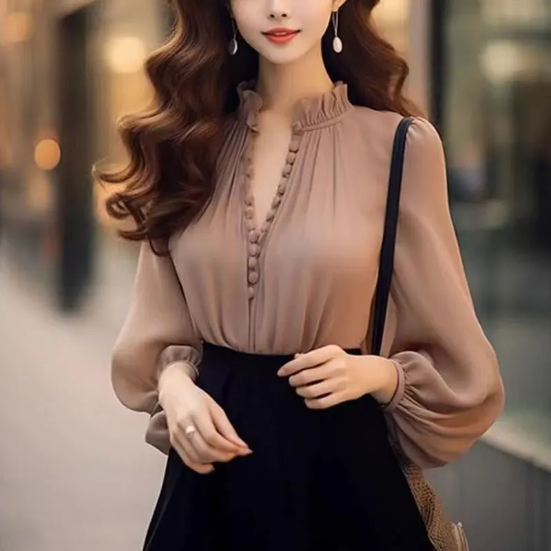 Top Trends: Office Lady Elegant V-Neck Shirt Button Spring Autumn Fashion Folds Spliced Women&#039;s Clothing Korean Solid Color All-match Blouse Shoppable Styles