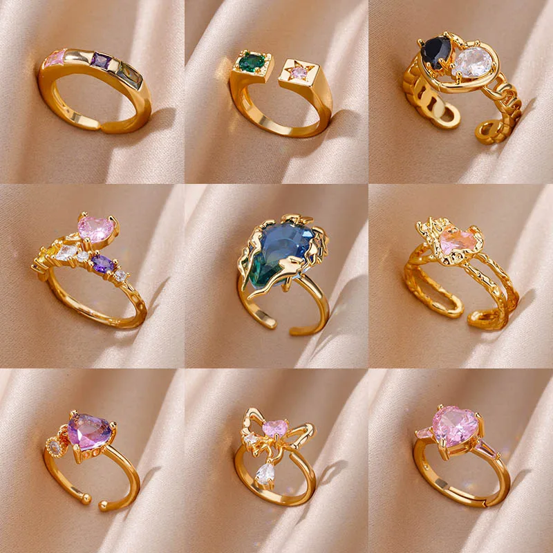 Top Trends: Zircon Flame Drop Rings For Women Gold Plated Stainless Steel Water Drop Adjustable Ring Femme Wedding Party Jewelry Gift Femme Shoppable Styles