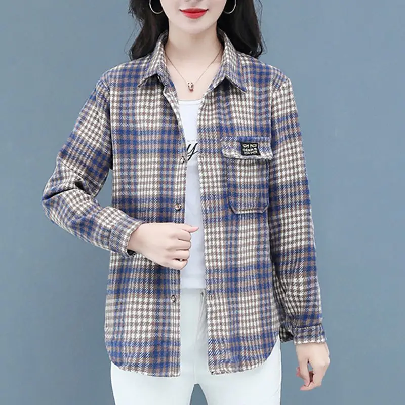 Top Trends: Women Spring And Autumn Fashion New Polo-Neck Thin Shirt Plaid Button Pockets Splicing Loose Commute Versatile Long Sleeves Tops Shoppable Styles