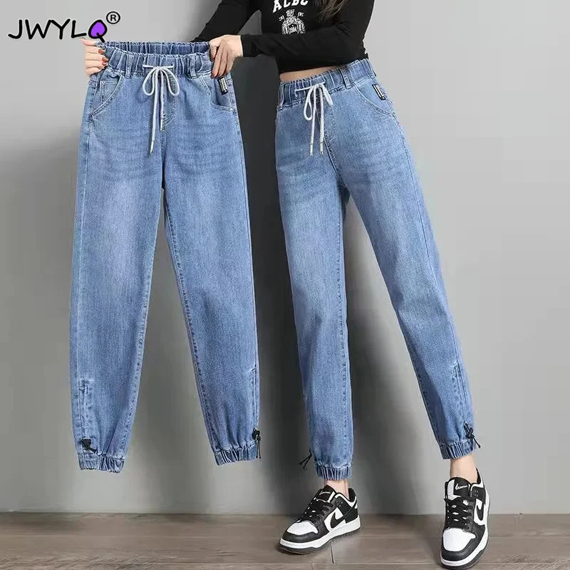 Top Trends: S-3xl Drawstring Ankle-length Loose Jogger Jeans Women Solid Color Streetwear Scratch Denim Pants All-match Elastic Denim Pants Shoppable Styles