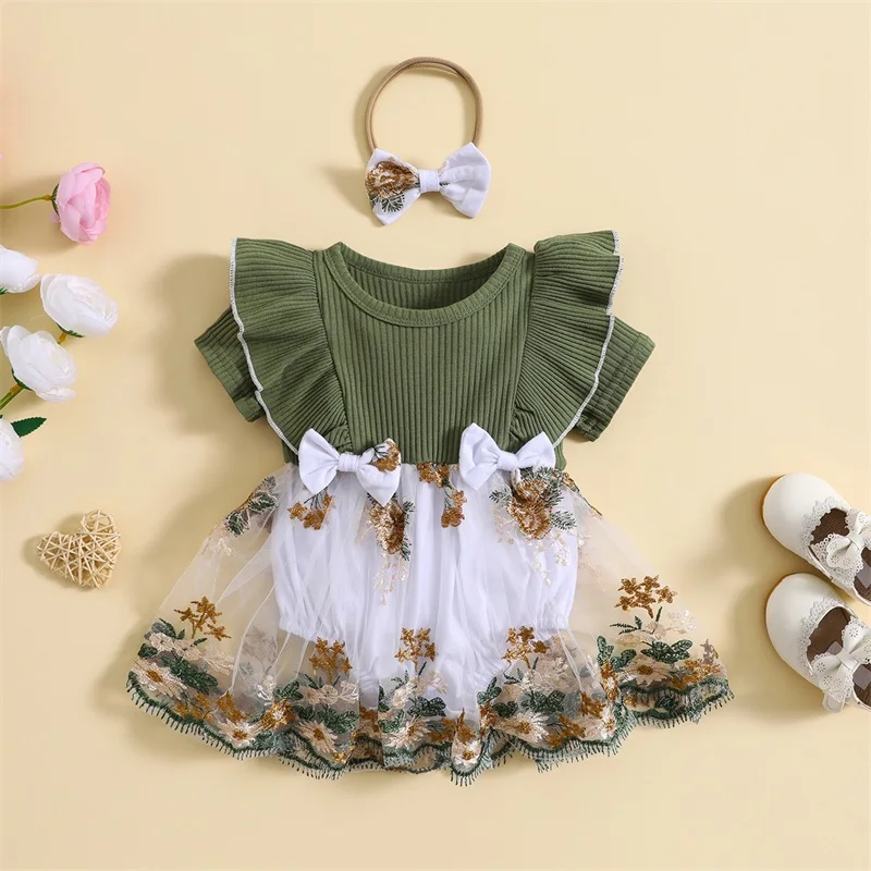 Top Trends: Listenwind 0-2Y Baby Girl Romper Dress Flower Embroidery Knit Rib Ruffles Crew Neck Jumpsuits Summer Bodysuits With Bow Headband Shoppable Styles