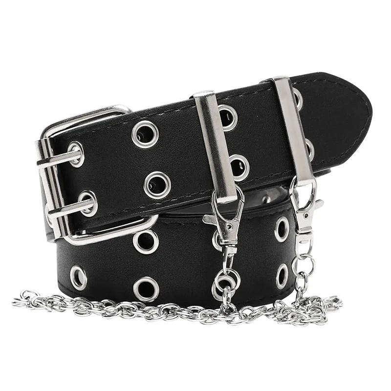 Top Trends: Punk Men Women Belts Metal Chains Leather Belt Fashion Hip-hop Rock Belts Jeans Pants Adjustable Double Row Hollow Waist Belts Shoppable Styles