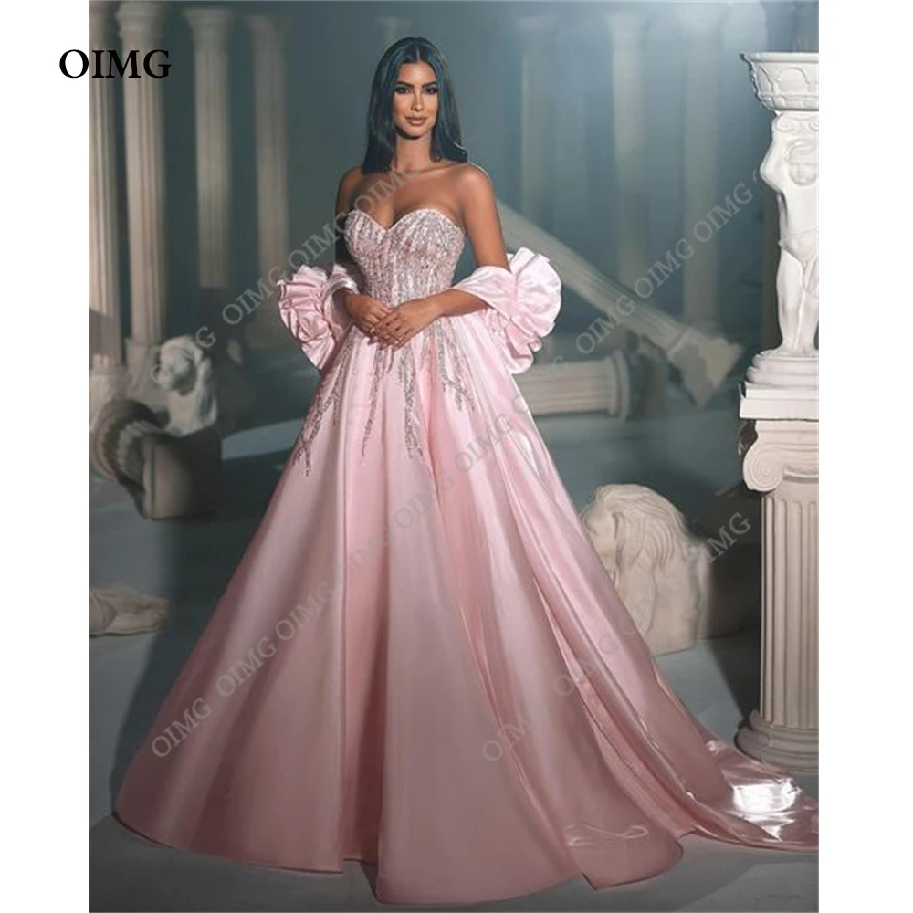 Top Trends: OIMG Baby Pink Silk Sequins Bling Party Evening Dress Sweetheart A Line Short Sleeves Arabic Formal Occasion Prom Gown Dresses Shoppable Styles