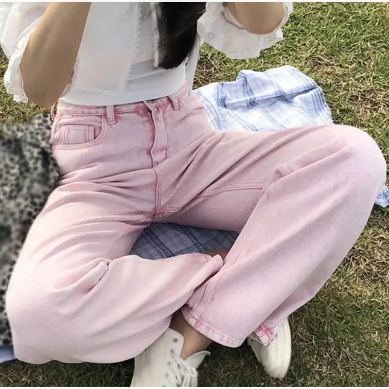 Top Trends: Y2K Vintage Pink Wide Leg Straight Jeans New Spring Women Harajuku High Waist Loose Oversized Denim Trousers E Girl Pants Women Shoppable Styles