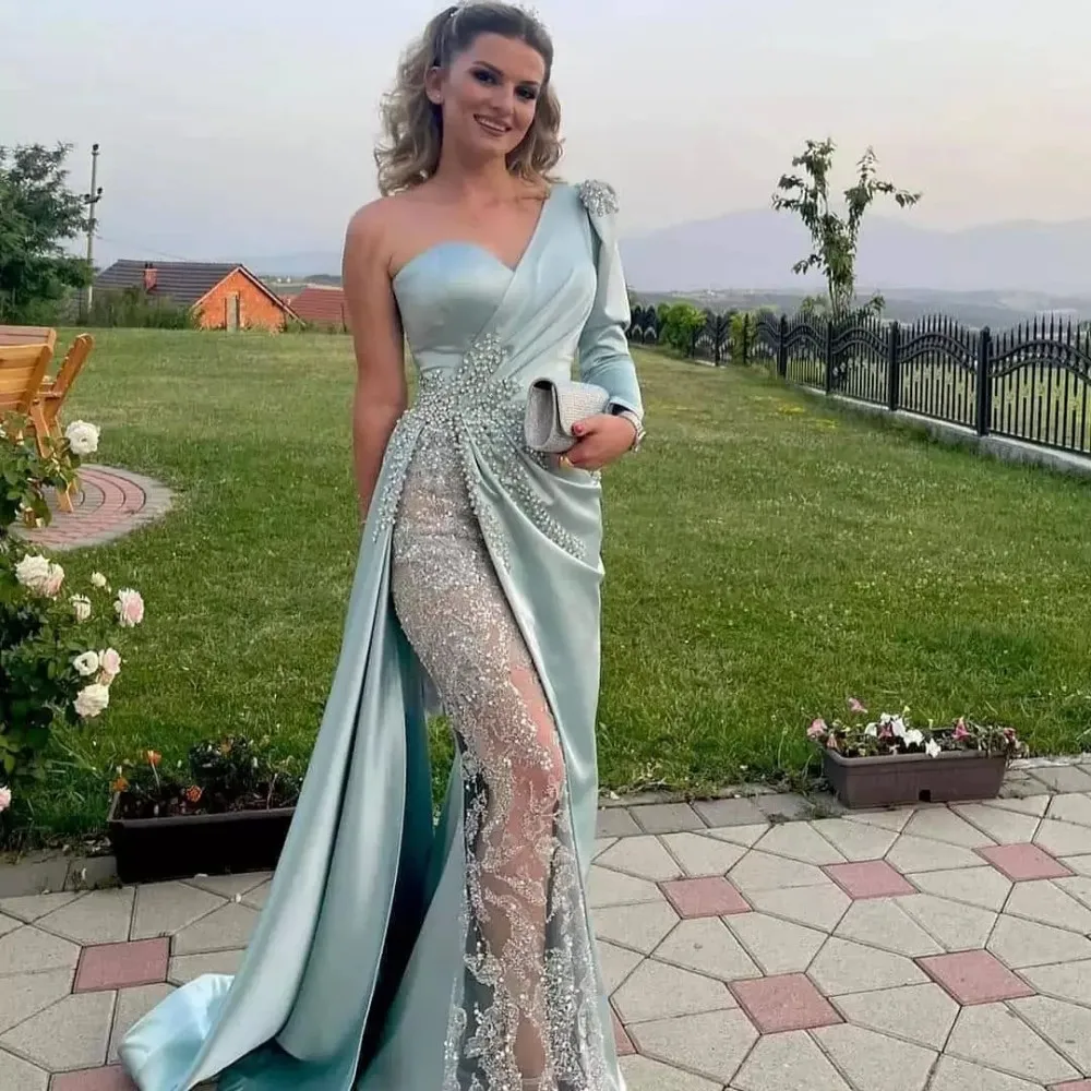 Top Trends: 2023 Luxury Lace Prom Dress One Shoulder Long Sleeve Mermaid Ruched Satin Beaded Women Evening Formal Party Gowns Robe De Soirée Shoppable Styles