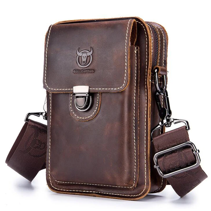 Top Trends: BULLCAPTAIN Crazy Horse Leather Male Waist Packs Phone Pouch Bags Waist Bag Men&#039;s Small Chest Shoulder Belt Bag Small Back Pack Shoppable Styles