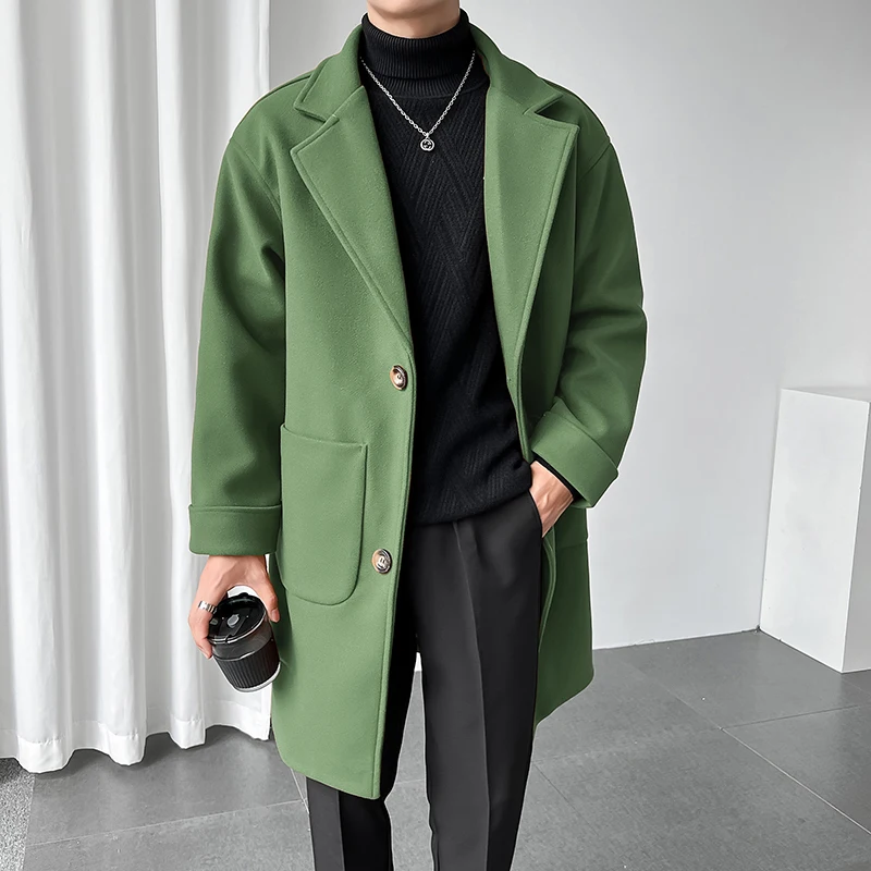 Top Trends: Medium Length Cotton Woolen Trench / Brand Men's Autumn Winter Solid Color Slim Business Leisure Loose Suit Collar Windcheater Shoppable Styles