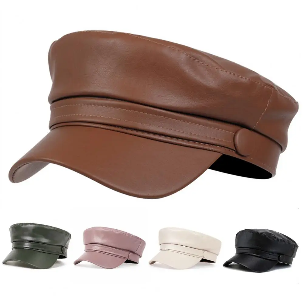 Top Trends: Women Extended Brim Beret Hat Flat Dome Faux Leather Newsboy Hat Outdoor Solid Color Leisure Hat Streetwear For Outdoor Shoppable Styles