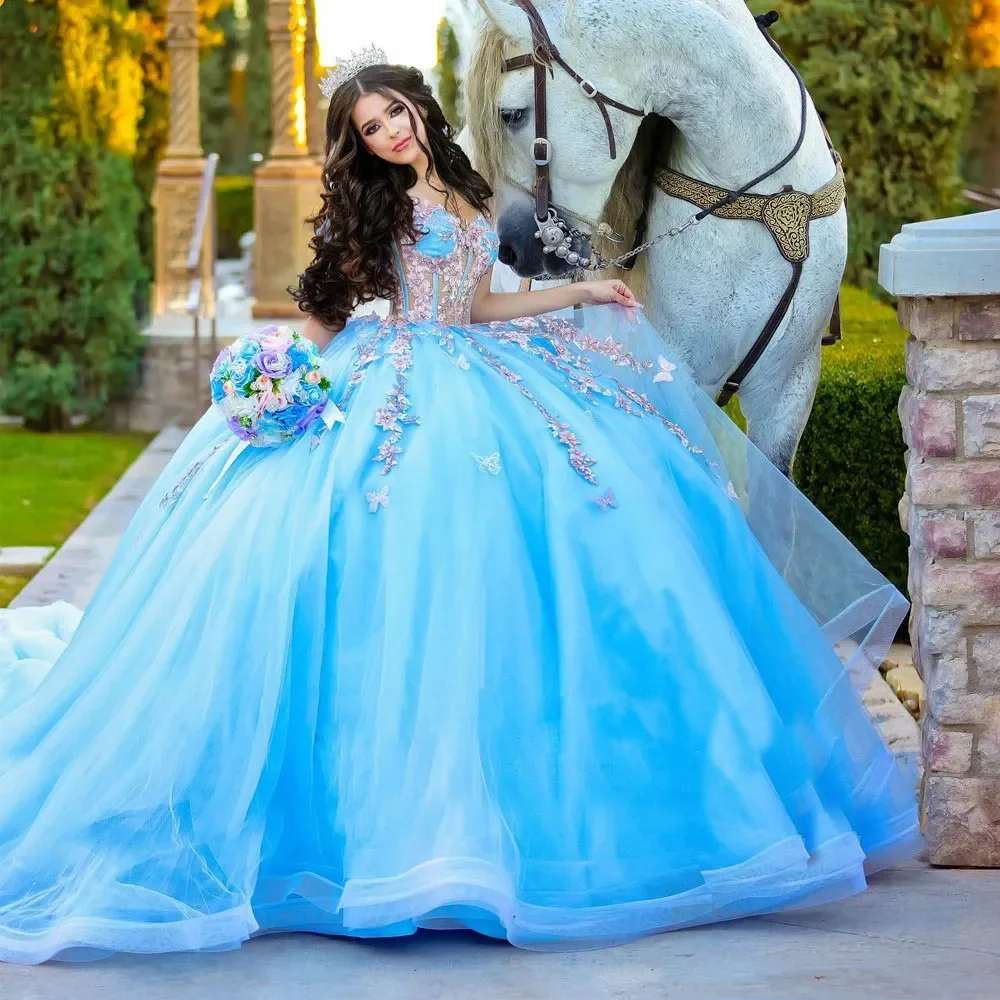 Top Trends: ANGELSBRIDEP Light Blue 3D Flowers Quinceanera Dresses Off The Shoulder Beading Appliques Mexican Girls Sweet 16 Prom Ball Gown Shoppable Styles