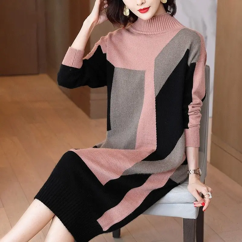 Top Trends: Oversize Women Knitting Dresses For Autumn Winter 2022 New Casual Patchwork Half High Collar Pullover Loose Office Lady Dress Shoppable Styles