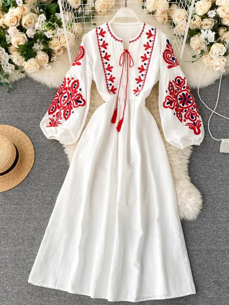 Top Trends: Women Autumn Dresses Bohemian Embroidered Flower O-Neck Lantern Sleeve High Waist Pleated Dress All-match Female Vestidos PL393 Shoppable Styles