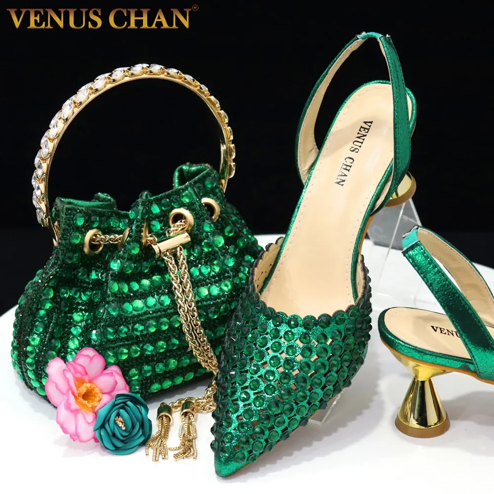 Top Trends: Venus Chan High Heels For Lady 2023 Luxury Designer Green Color Full Diamond Pointed Toe Wedding Shoe And Bag Set For Party Shoppable Styles