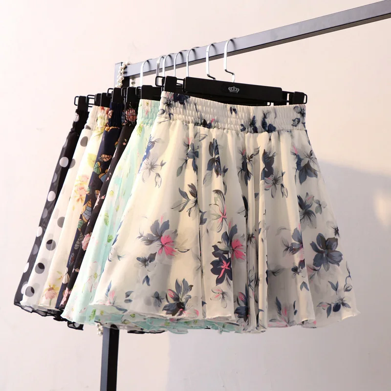 Top Trends: Short Skirt Women Spring Summer Korean Fashion White Black Floral Print Aesthetic Anti-peeping High Waist Chiffon Pleated Skirt Shoppable Styles