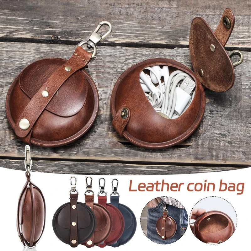 Top Trends: Medieval Retro Men Real Leather Wallet Crazy Horse Round Small Coin Purse Data Cable Earphone Storage Bag Protective Pocket Shoppable Styles