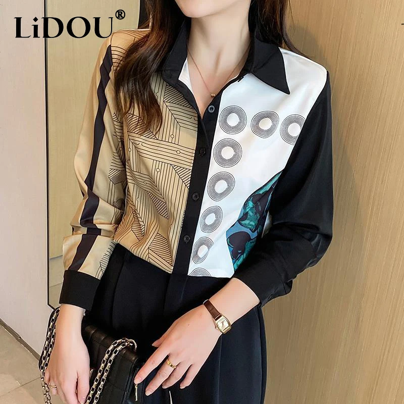 Top Trends: Spring Autumn Vintage Print Elegant Fashion Chiffon Shirt Office Lady Temperament All-match Buttons Top Women Patchwork Blouse Shoppable Styles