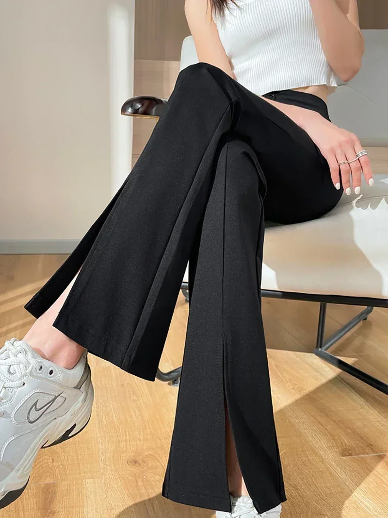 Top Trends: Plus Size Slit Front Black Flare Pants For Women Korean Style Casual Office Lady Business Work Trousers High Waist Suit Pants Shoppable Styles