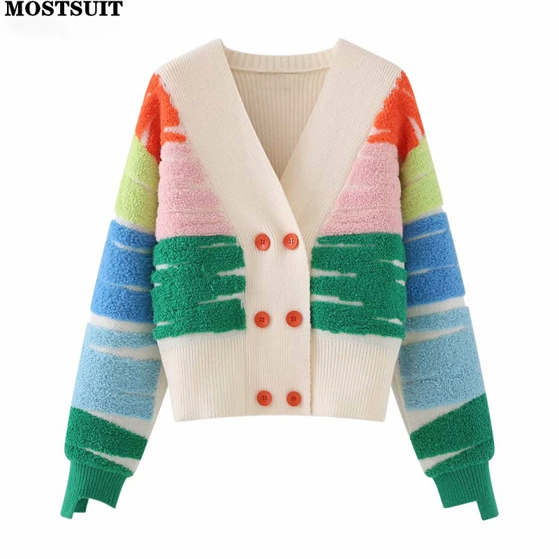 Top Trends: Rainbow Striped Knit Sweater Cardigan Women Double-breasted V-neck Jacket Coat Autumn Winter Long Sleeve Loose Stylish Tops 2023 Shoppable Styles