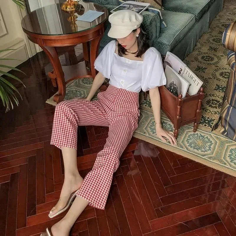 Top Trends: Ladies Fashion Streetwear Female Tide Outfit Spring Fall Women Casual Middle Waist Sweet Pink Plaid Pants Straight Long Trousers Shoppable Styles