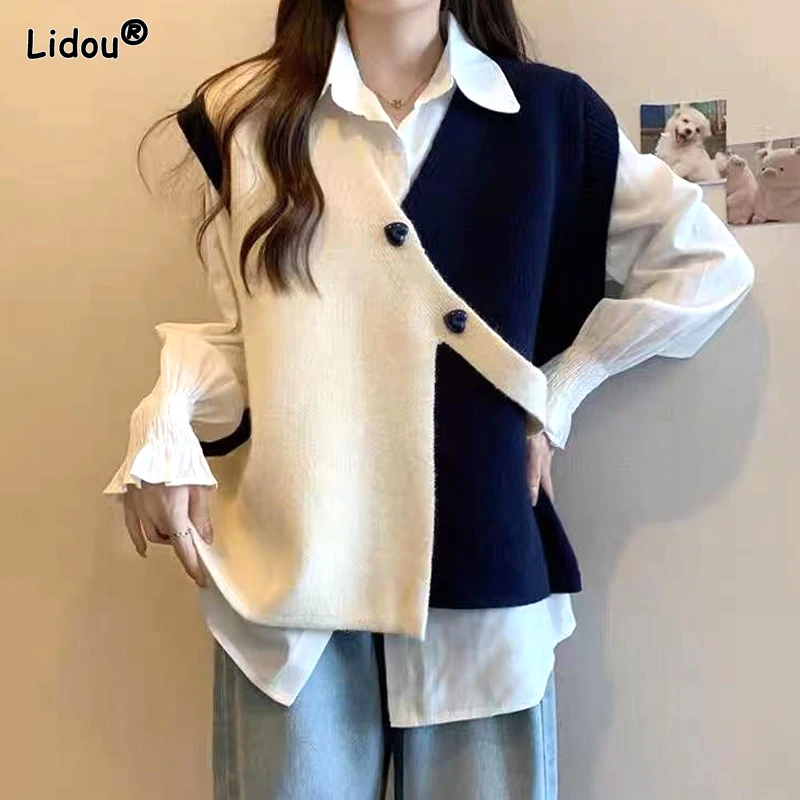 Top Trends: 2023 Spring And Autumn Versatile V-Neck Contrast Non Standard Design Feel Loose And Casual Oversized Women&#039;s Knitted Tank Top Shoppable Styles