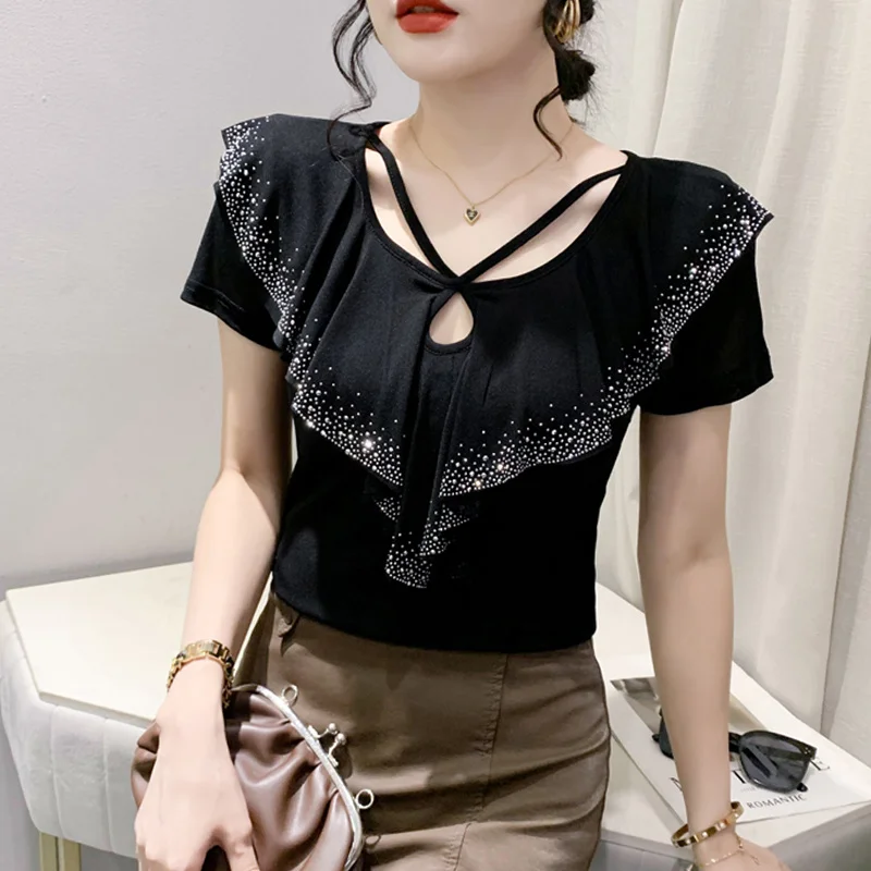 Top Trends: #6594 Summer T Shirt Women Short Sleeve Sexy Office Mesh T Shirt Ruffles Diamonds Sexy Tight Elastic T Shirt Female Hollow Out Shoppable Styles