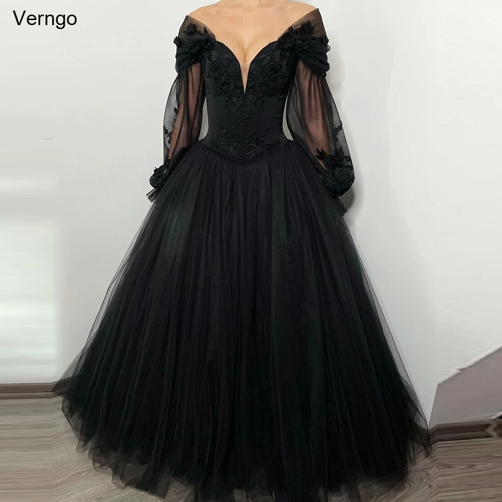 Top Trends: Verngo A-line Fantasy Gothic Wedding Dress Long Sleeves Off Shoulder Appliques Bride Dress Black Tulle Bridal Gown Robe De Marie Shoppable Styles