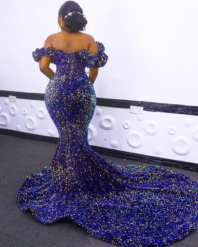 Top Trends: Sparkly Blue Sequin Prom Dresses Aso Ebi Plus Size Off The Shoulder Mermaid Evening Gowns African Formal Party Dress 2023 New Shoppable Styles - Image 4