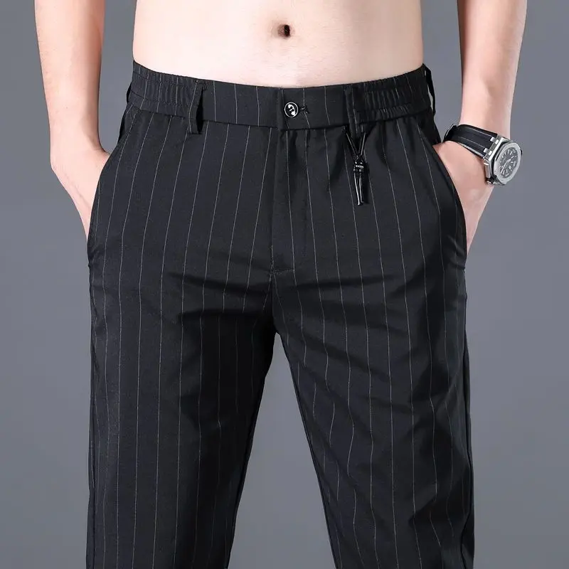 Top Trends: Spring Summer Men Thin Striped Business Suits Pants Streetwear Fashion Male Clothes Elastic Loose Casual Straight Trousers 28-38 Shoppable Styles