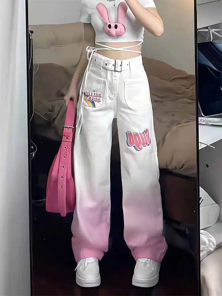 Top Trends: HOUZHOU Harajuku Kawaii Jeans Women Pink Japanese Y2k Cute Graphic Denim Trouser Aesthetic White Jeans Straight Baggy Streetwear Shoppable Styles