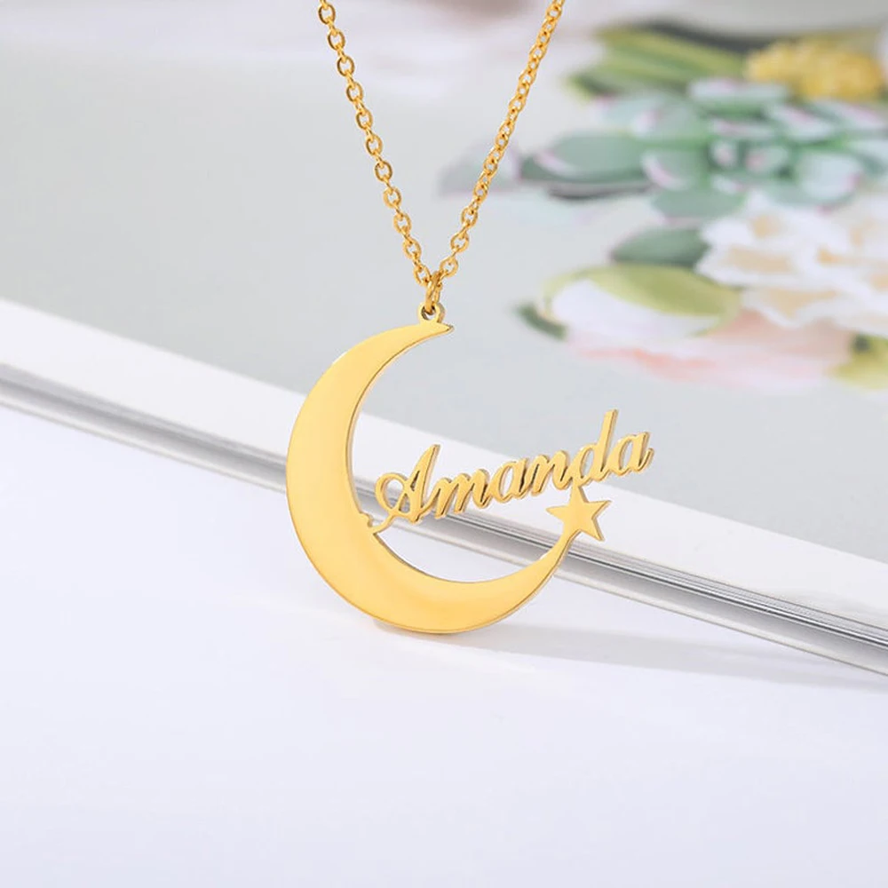 Top Trends: Personalised Moon Star Pendant Custom Name Necklaces For Women Stainless Steel Jewelry Mens Gold Chains Choker Best Friend Gifts Shoppable Styles