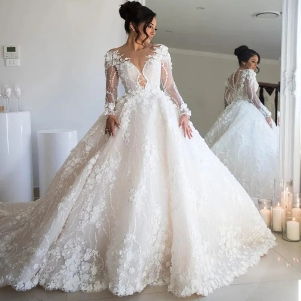 Top Trends: Luxury Lace Appliqued Wedding Dress Bridal Gowns 3D Flowers Beaded Long Sleeve Sexy Marriage Dresses Vestidos De Novia 2022 Shoppable Styles