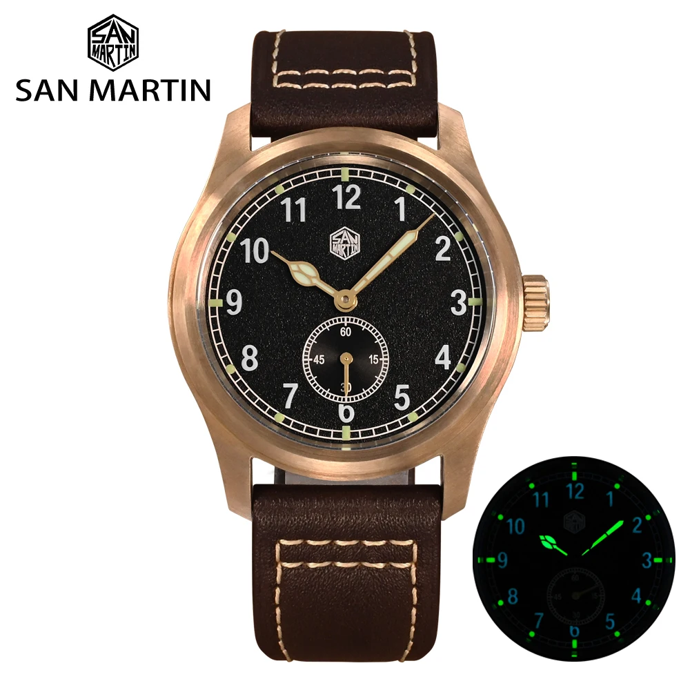 Top Trends: San Martin 37mm Bronze Pilot RONDA 6004 Men Watch Vintage Military Simple Fashion Style Quartz Clock Leather 10 Bar Relojes Shoppable Styles