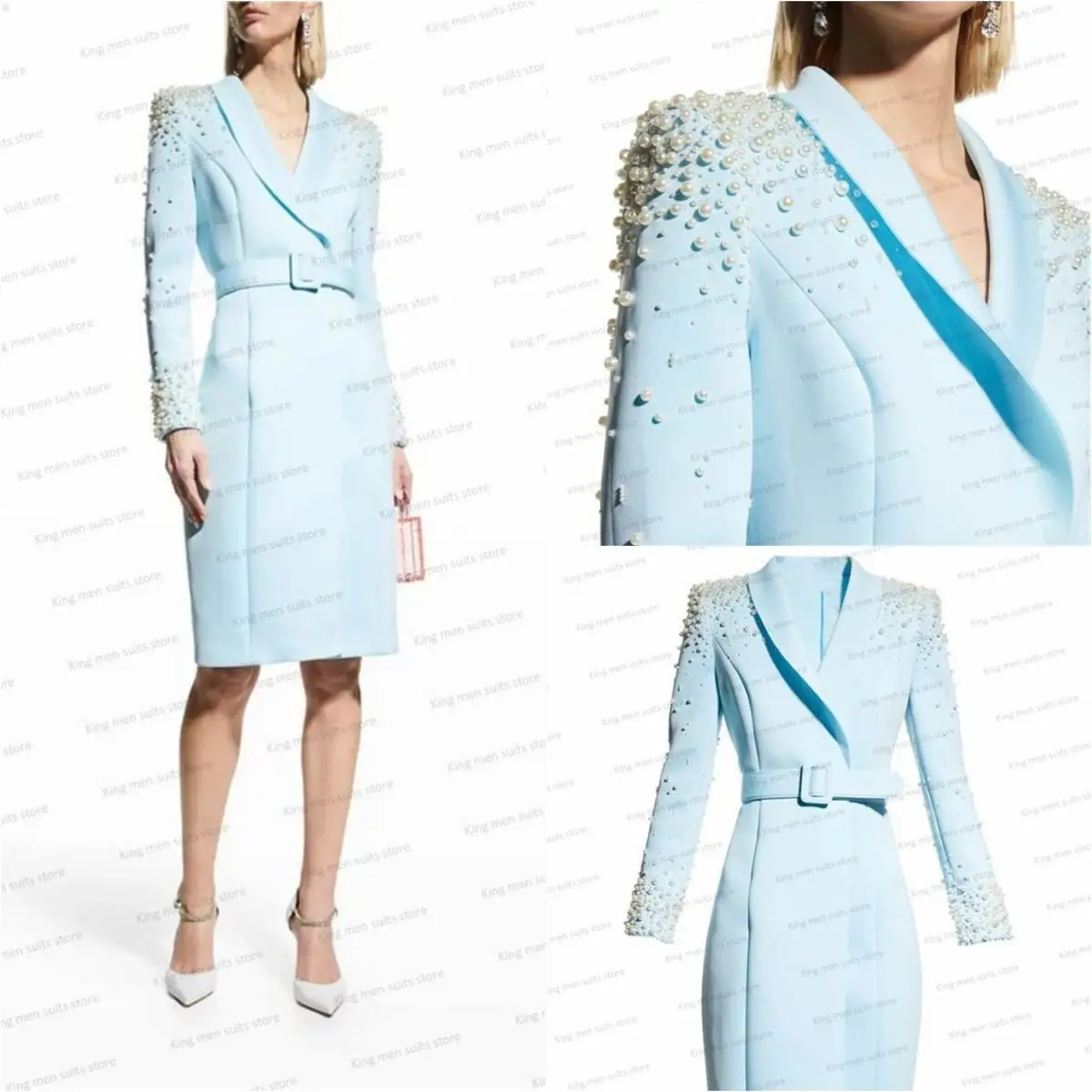 Top Trends: Sky Blue Pearls Women Suit 1 Piece Jacket Custom Made Long Blazer With Belt Formal Office Lady Prom Dress Coat Shoppable Styles