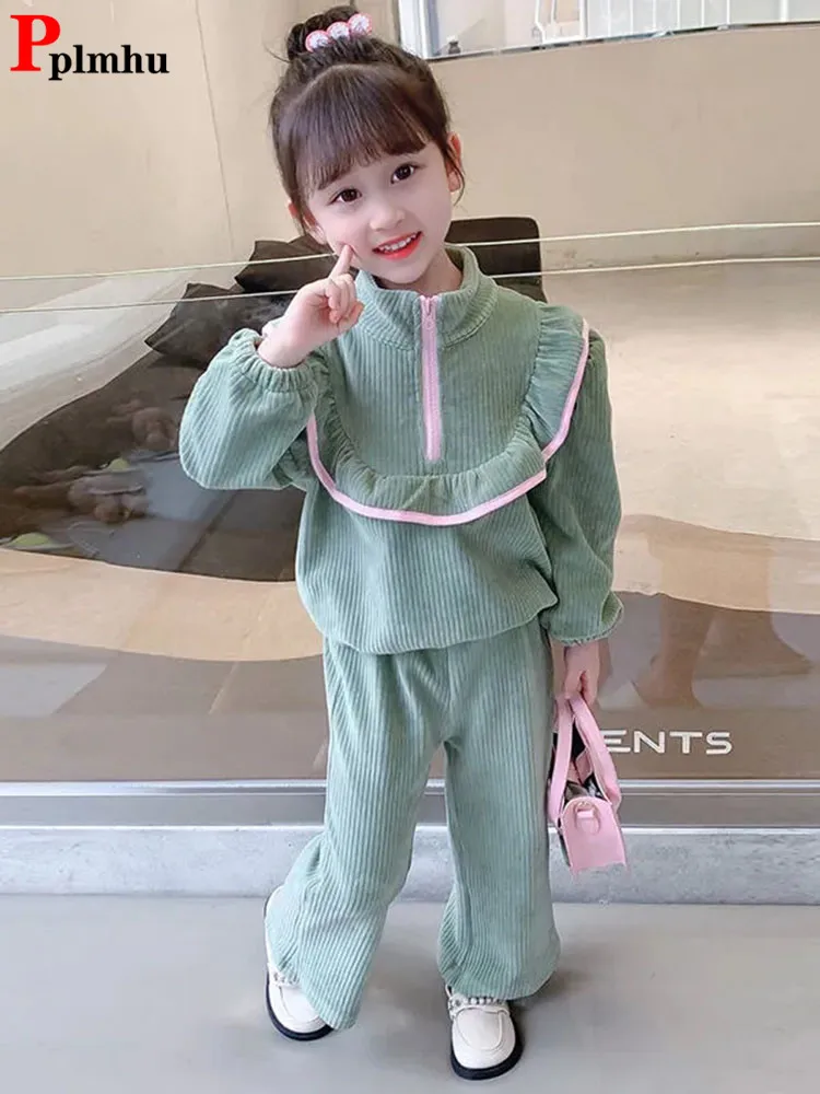 Top Trends: Girls Corduroy Lotus Leaf Conjuntos Half Zipper Stand Collar Children Tops Baggy Straight Pants Outfit Sweet Kids 2 Piece Sets Shoppable Styles