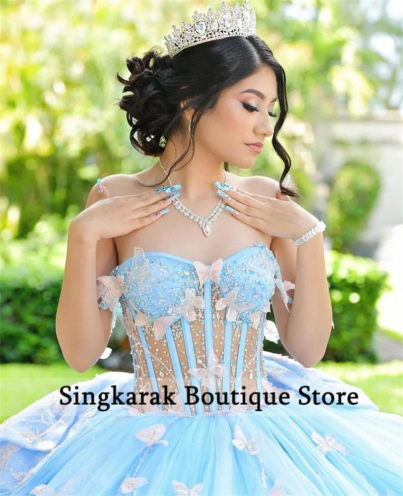 Top Trends: Sky Blue Princess Quinceanera Dress Butterfly Appliques Beads Crystal Birthday Prom Sweet 16 Gown Vestidos De 15 Años Corset Shoppable Styles - Image 5