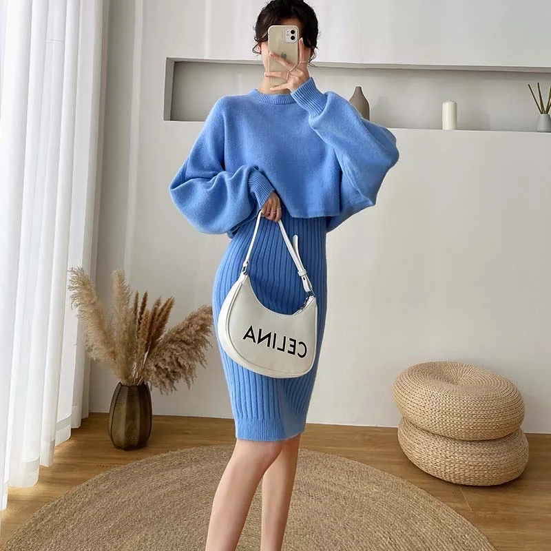 Top Trends: Autumn Winter Sweater Dress Two Piece Women Fashion New Office Ladies Sets Knitted Pullover Sweater + Vest Dress Shoppable Styles - Image 5