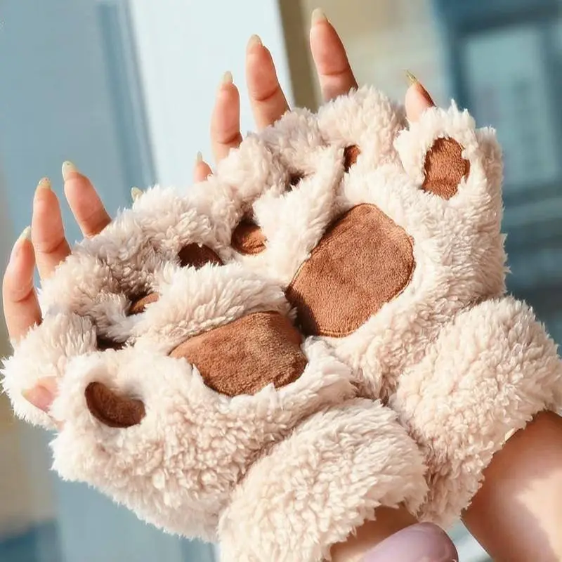 Top Trends: Soft Warm Plush Cat Paw Gloves Fingerless Flip Half Finger Mittens Women Winter Cute Cat Paw Fluffy Velvet Glove Girls Students Shoppable Styles