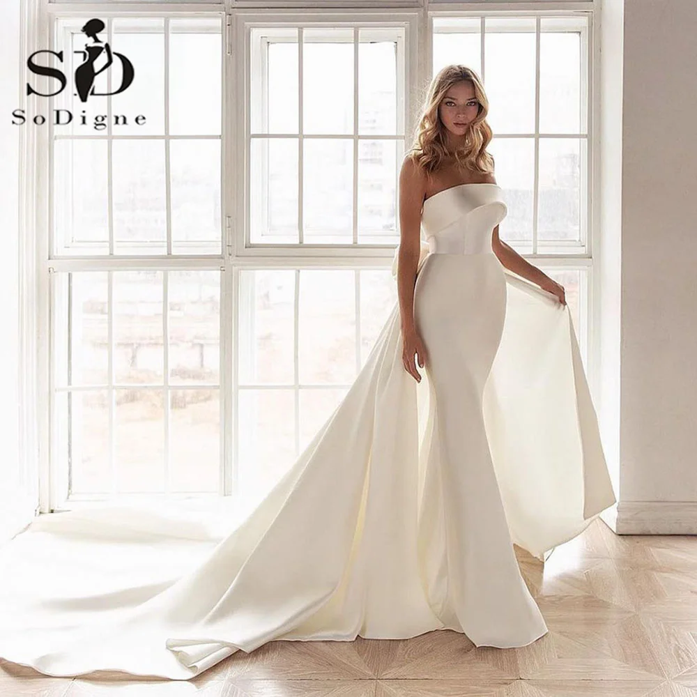 Top Trends: SoDigne Boho Satin Mermaid Wedding Dresses Pleated Sleeveless Strapless Long Bridal Gowns Detachable Train Bride Dress 2023 Shoppable Styles