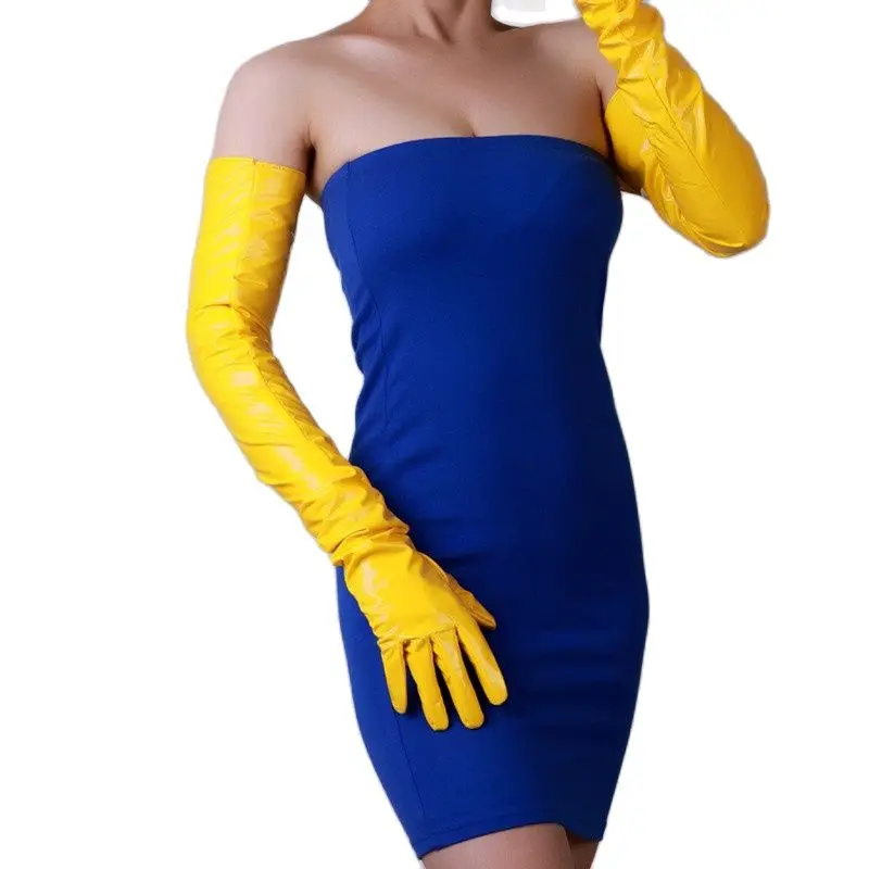 Top Trends: Extra Long Patent Leather Gloves Female 70cm Imitation Sheepskin Faux Leather Mirror Bright Yellow Women PU Gloves HPU61 Shoppable Styles