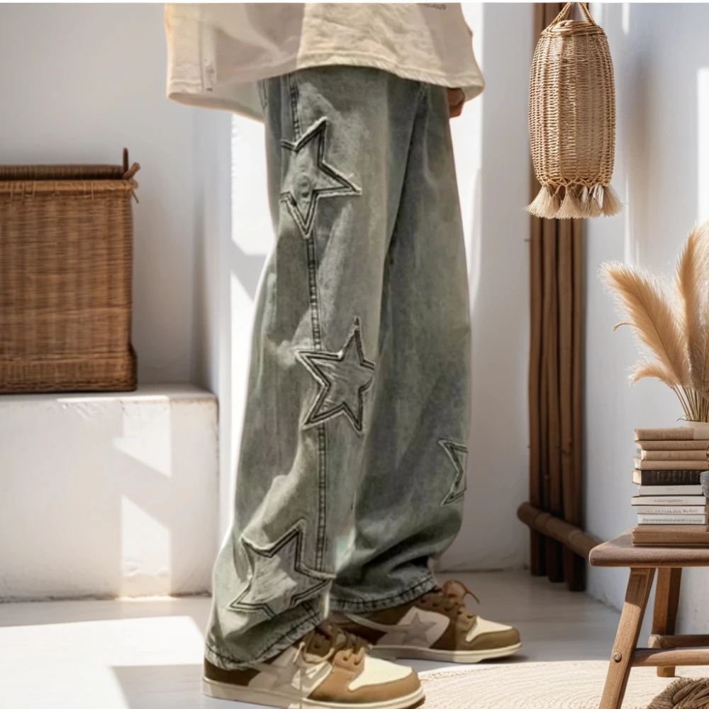 Top Trends: Y2K American Fashion Jeans Men Vintage Streetwear Star Aesthetic Spliced Denim Straight Loose Mop Wide Leg Cargo Pants Men Shoppable Styles