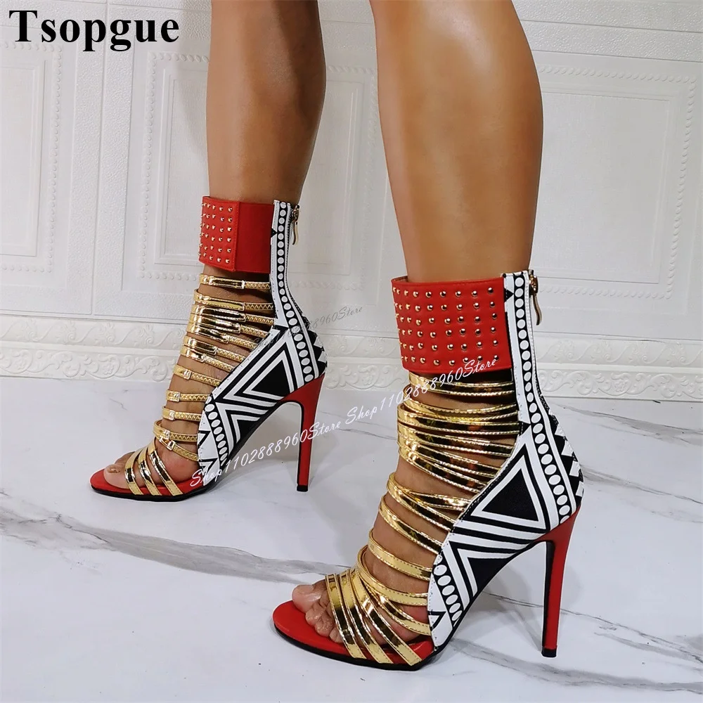 Top Trends: Mixed Color Roman Narrow Band Sandals Stilettos High Heel Women Shoes Back Zipper Open Toe 2024 Fashionable Zapatos Para Mujere Shoppable Styles